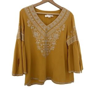 CHELSEA & THEODORE GOLDEN YELLOW/MUSTARD BLOUSE WITH EMBROIDERED DETAILS, LARGE